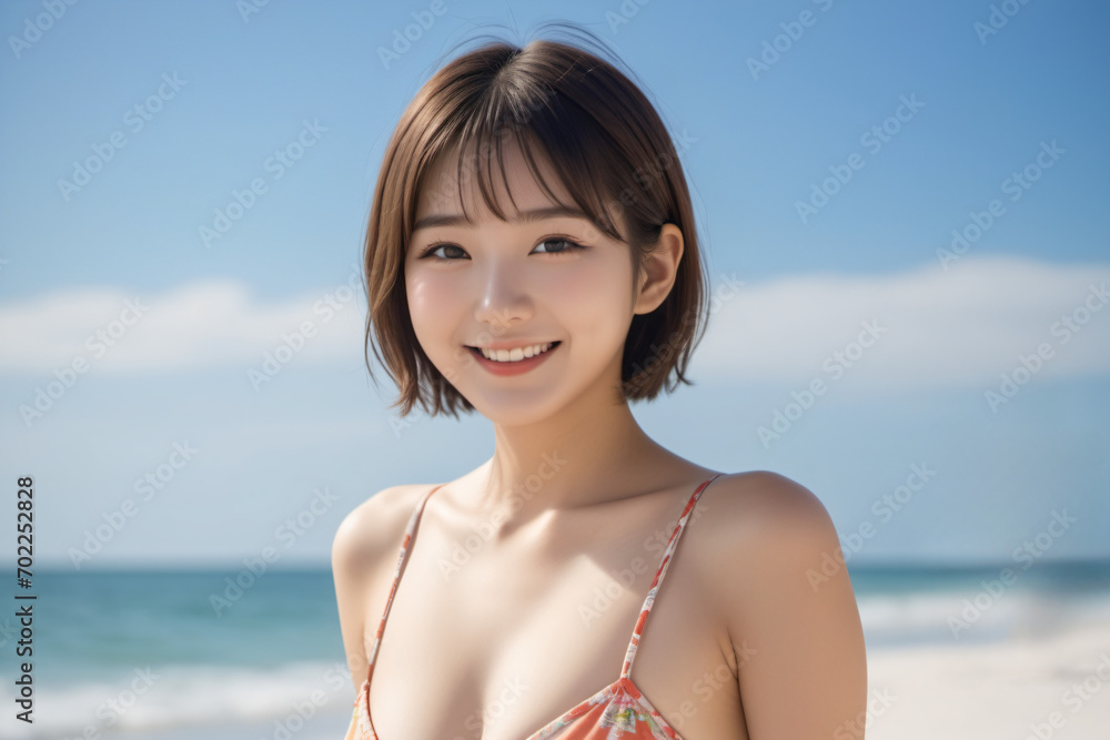 青空をバックに健康的に微笑む青いビキニ姿の若い日本人女性