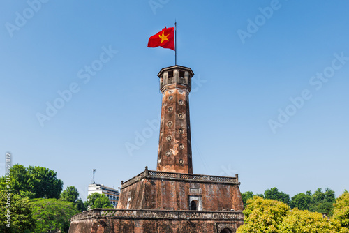 Hanoi flag tower with Vietnamese flag on top in Hanoi, Vietnam. It's located in the Vietnam Military History Museum.