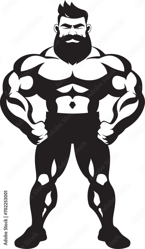 Flex Iconic Fusion Cartoon Caricature Black Bodybuilder Vector Logo Mighty Muscle Masterpiece Vector Black Logo Icon of Caricature Bodybuilder