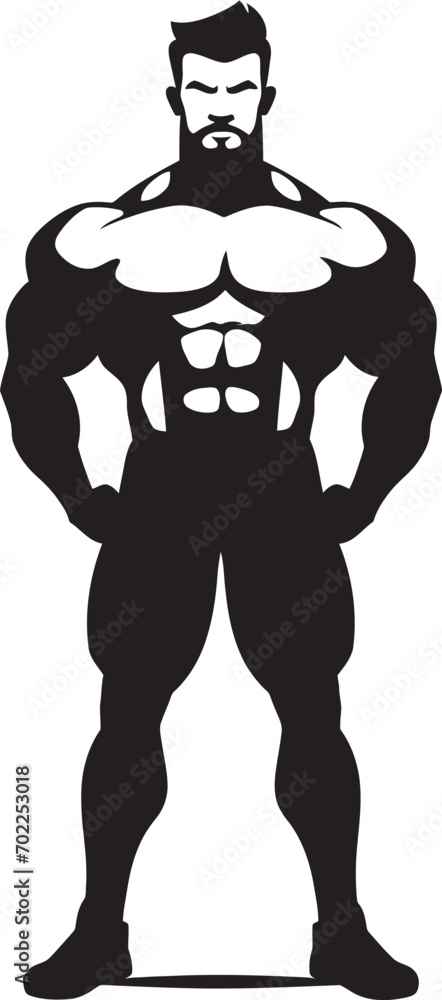 Comic Strength Impression Black Logo Icon of Cartoon Bodybuilder in Vector Flex Iconic Fusion Cartoon Caricature Black Bodybuilder Vector Logo