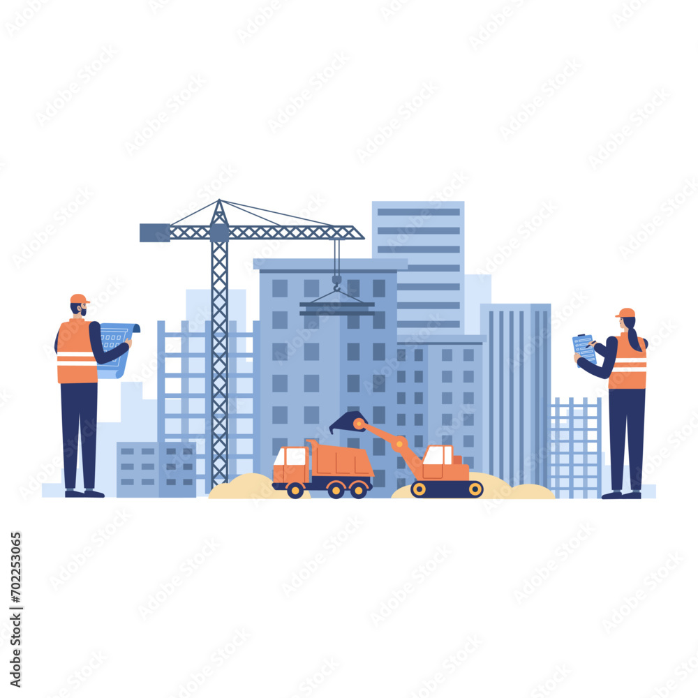 Worker on Construction Site Ilustration concept, Building work process with heavy machine, Architect holding blueprint. - obrazy, fototapety, plakaty 