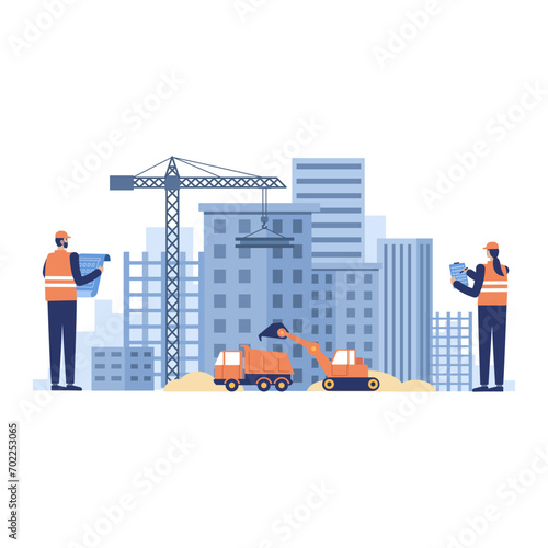 Worker on Construction Site Ilustration concept, Building work process with heavy machine, Architect holding blueprint.