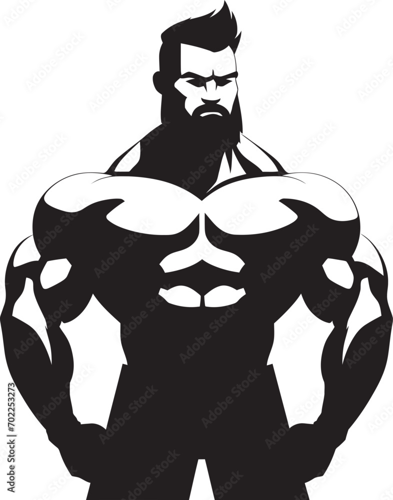Iron Physique Emblem Black Vector Logo Icon of Cartoon Bodybuilder Gym Heroic Persona Cartoon Caricature Bodybuilder in Black Vector