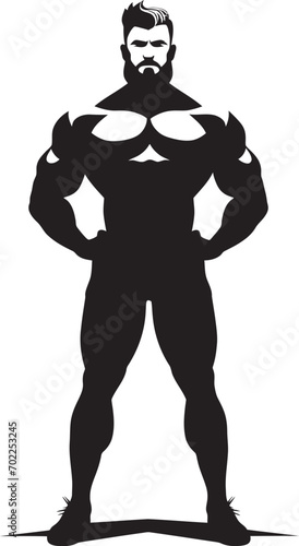 Comic Power Pose Caricature Bodybuilder in Black Logo Icon Flex Fusion Masterpiece Black Vector Logo Icon of Cartoon Bodybuilder © BABBAN