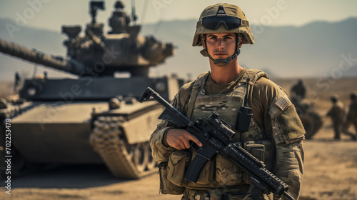 military US army soldier hold machine gun near tank photo