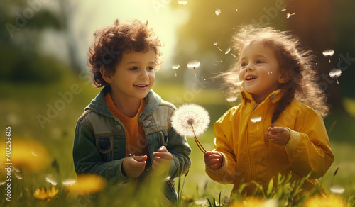 Children are playing with dandelions in the field. Children's day consept. Generative AI