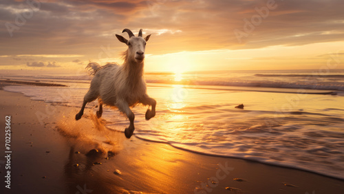 Coastal Caprine Serenity: Sunset Radiance by the Seashore