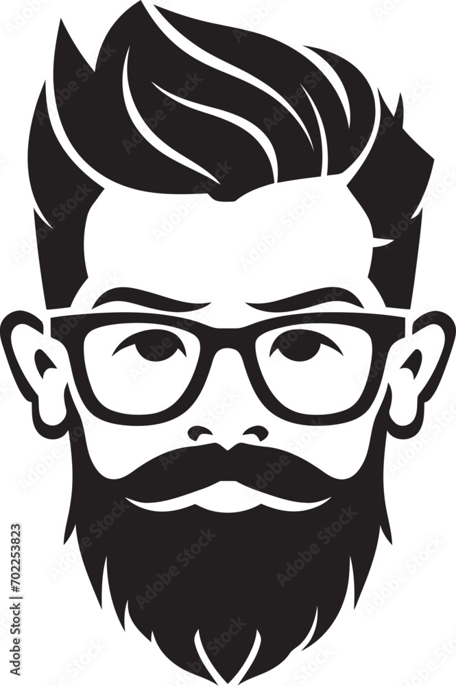 Trendy Whiskers Fusion Cartoon Hipster Man Face Black Icon Vintage Contemporary Chic Black Logo Icon of Cartoon Hipster Man Face