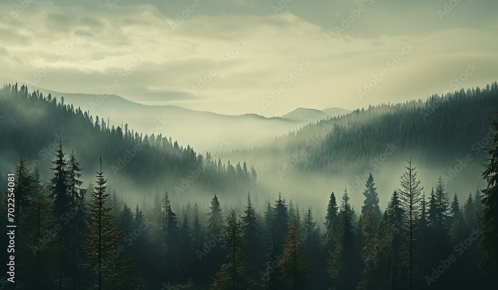 A forest with trees and fog in the background. Generative AI