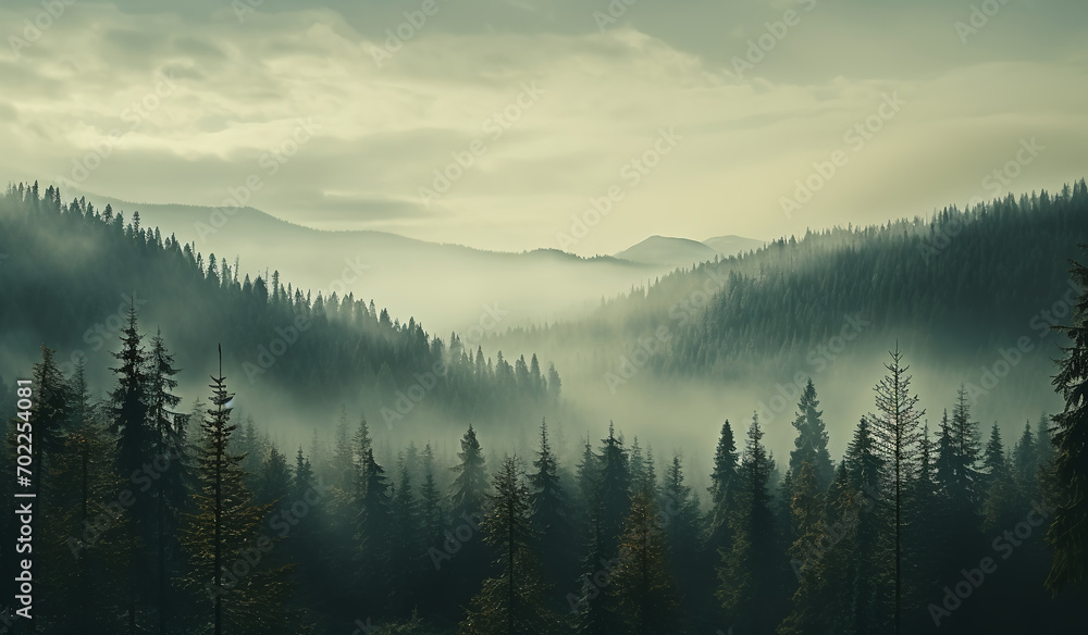A forest with trees and fog in the background. A forest with trees and fog in the background.