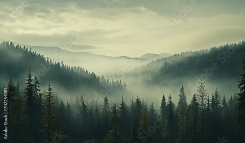 A forest with trees and fog in the background. Generative AI photo