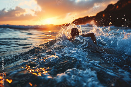 An elite open water swimmer training in the ocean at sunrise, emphasizing endurance and the majestic natural setting, showing athletes in action. © HADAPI