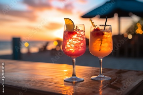 Summer soire two cocktails with blurred beach party, colorful sunset photo