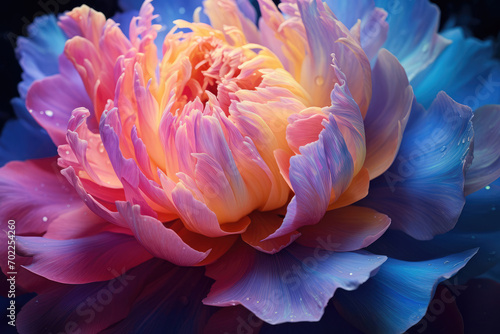 Macro photo of coral orange and blue peony flower, special lighting