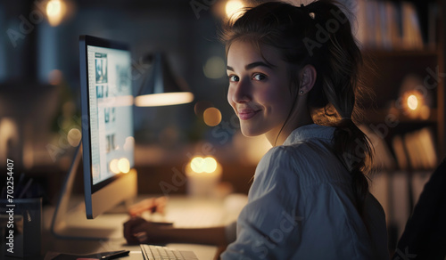 A smiling woman employee at work sits at a desk. 