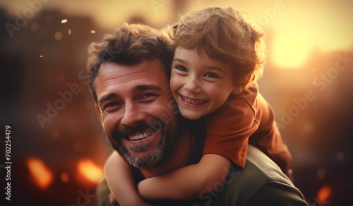 A father holding a little boy on his shoulders. Father's day consept. 