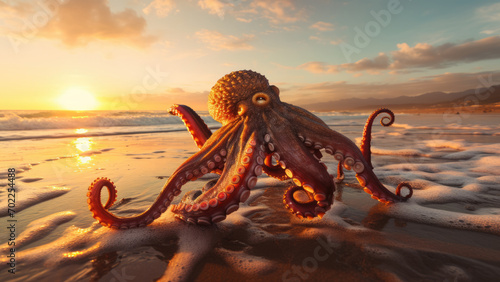 Octopus's Coastal Embrace: Sunset Warmth by the Seashore