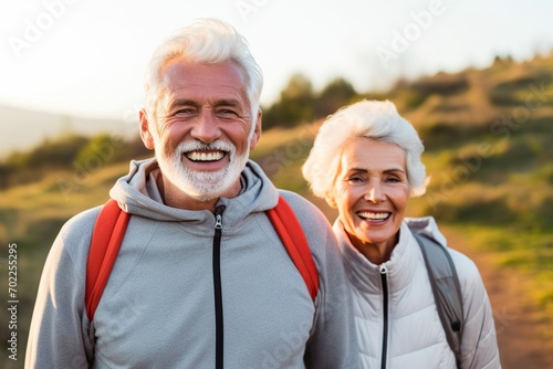 Joyful elderly couple in warm jackets holding hands and walking in a park during a scenic autumn sunset