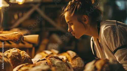Female artisan smelling fresh baked bread photo