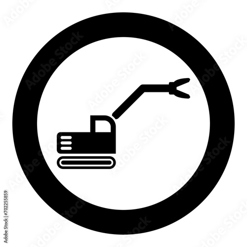 Sloopkraan building machine demolish wrecking cut knife crane truck icon in circle round black color vector illustration image solid outline style