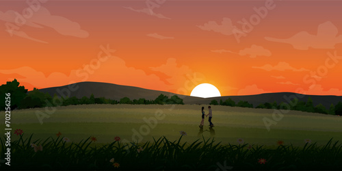 Couple of lover meeting at meadow on the hill have mountain range with sunset background vector illustration. Journey of sweetheart concept flat design have blank space.