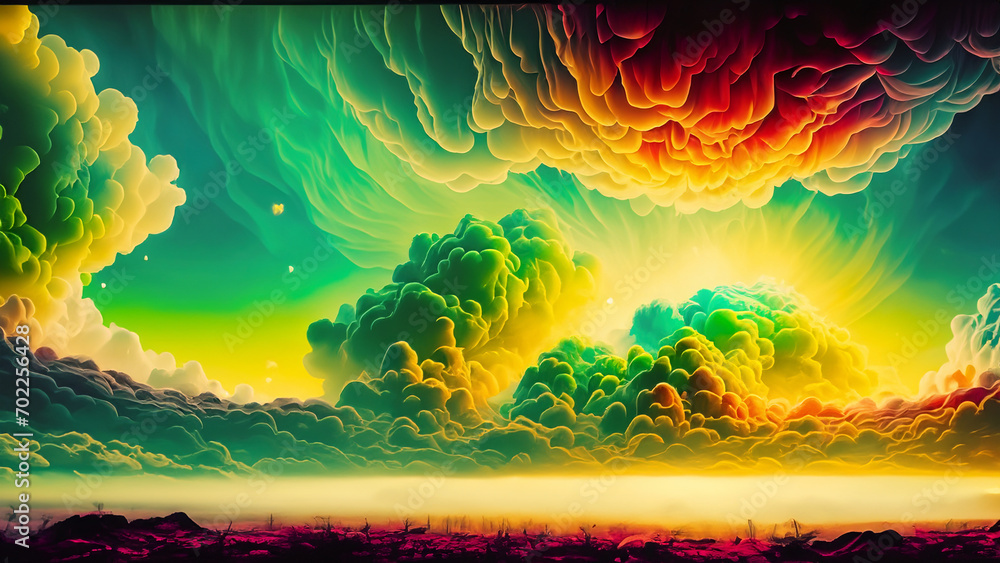 Abstract illustration with beautiful colorful thick clouds in the colorful sky. 4K wallpaper