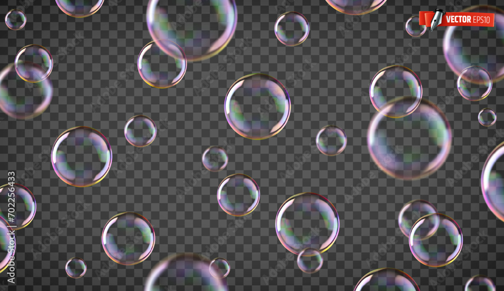 Vector realistic illustration of soap bubbles on a transparent background.
 - obrazy, fototapety, plakaty 