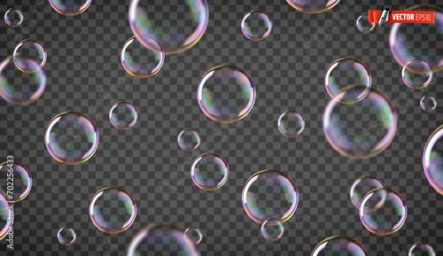 Vector realistic illustration of soap bubbles on a transparent background. 