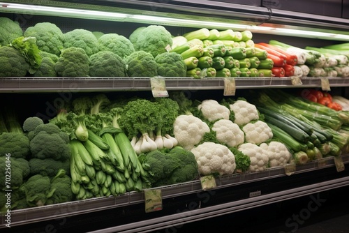 Green variety fresh vegetables attractively arranged in a supermarket display