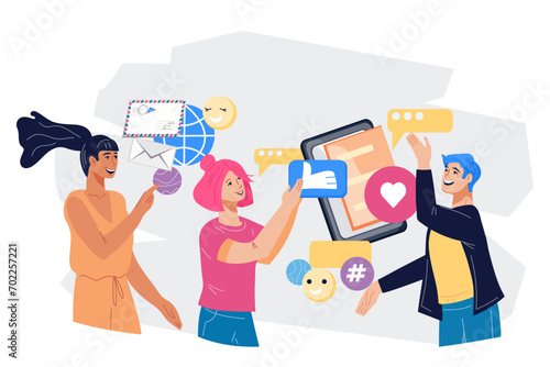Online social media marketing SMM, and brand advertising, banner flat vector illustration isolated on white background. Public relations and PR technologies banner design.