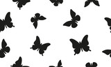 Black Silhouette Butterflies, Seamless Pattern Isolated On White Background. Vector Illustration