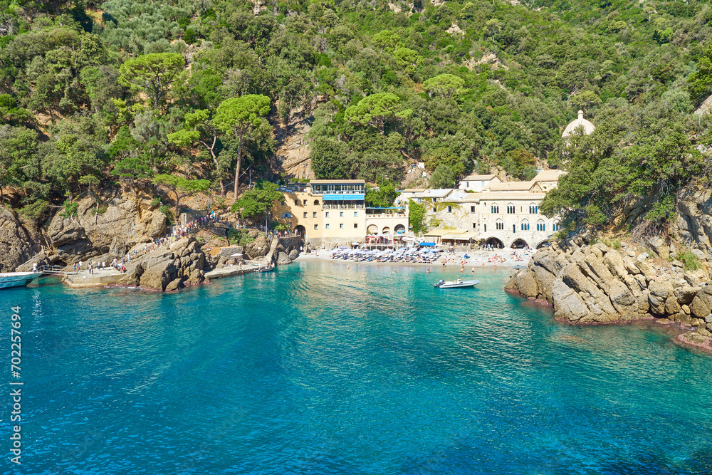 Beautiful bay at the famous monastery “San Fruttuoso” in Liguria in Italy