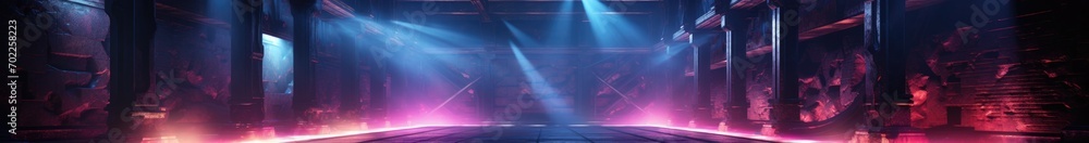 Smoke Sci Fi Futuristic Neon Led Laser Glowing Modern Empty Dark Vibrant Blue Purple Pink Glowing Stage Podium Lights On Reflective Grunge Concrete Tunnel Club Room 3D Rendering Illustration