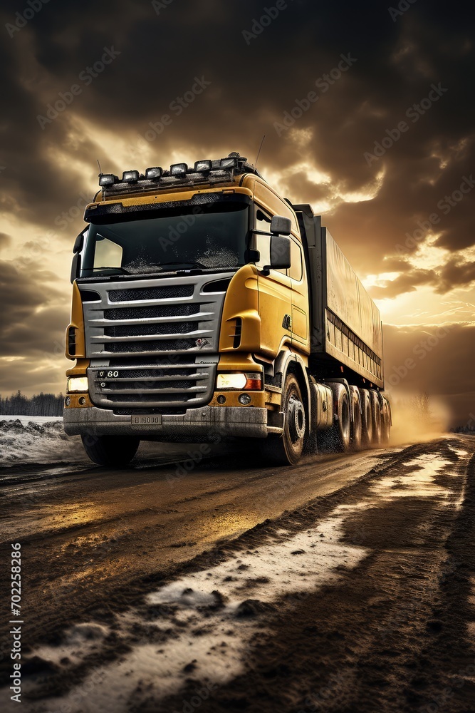 A true road warrior, this truck surges forward, its cargo bed filled with the promise of commerce and economic growth A true road warrior, this truck surges forward, its cargo bed filled with the promise of commerce and economic growth
