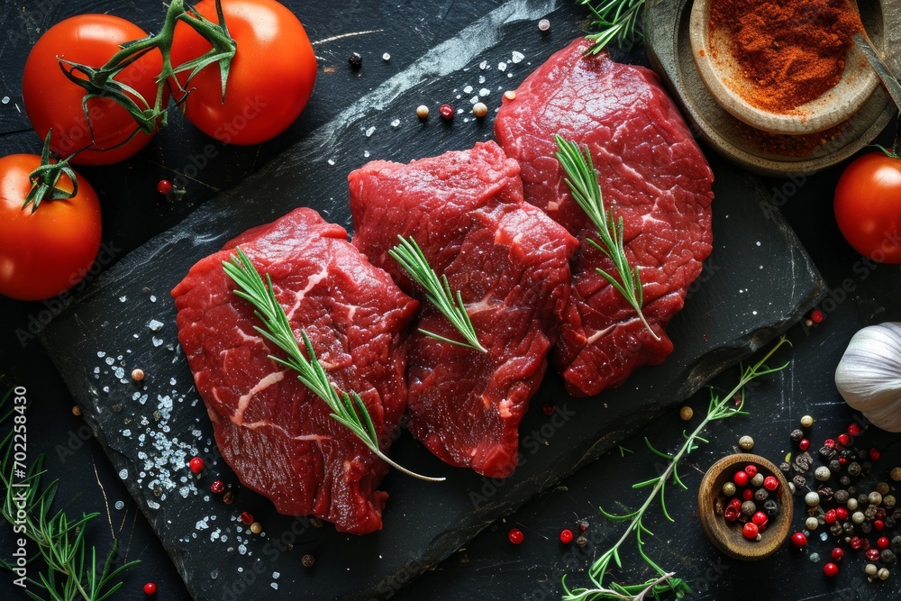 Raw fresh beef steak and spices for cooking on slate black board