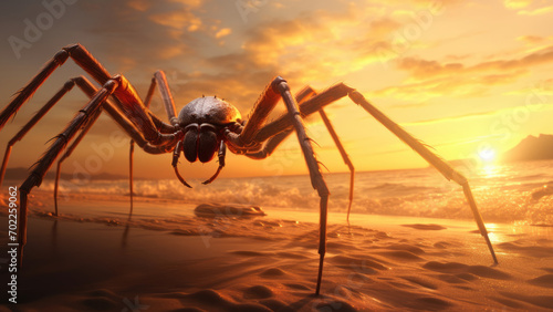 Sunset Web Weaver: Spider Spinning by the Seashore © Andrii