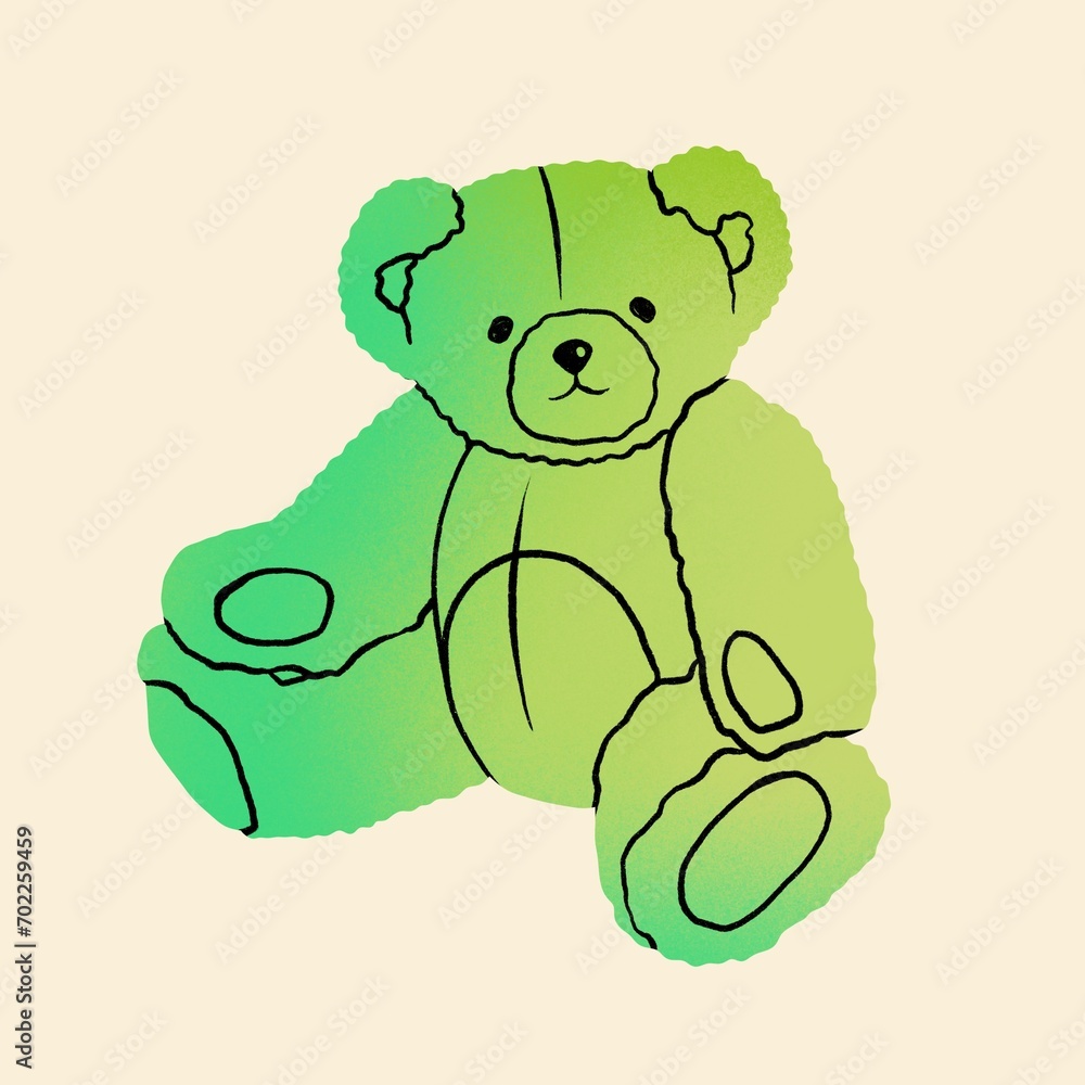 Obraz premium Cute green Teddy Bear. Funny character. Valentines day, love, romance, toy, gift concept. Cartoon style. Hand drawn colorful illustration. Gradient color. Greeting card, print, design template