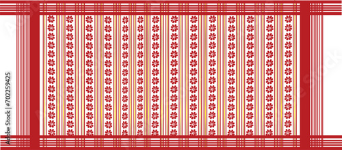 The gamosa, also known as gamusa, holds great cultural significance for the indigenous people of Assam, India. This traditional textile pattern is typically a white rectangular piece of cloth, symboli photo