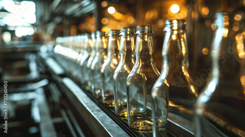 Empty glass bottles on the conveyor. Factory for bottling alcoholic beverages.