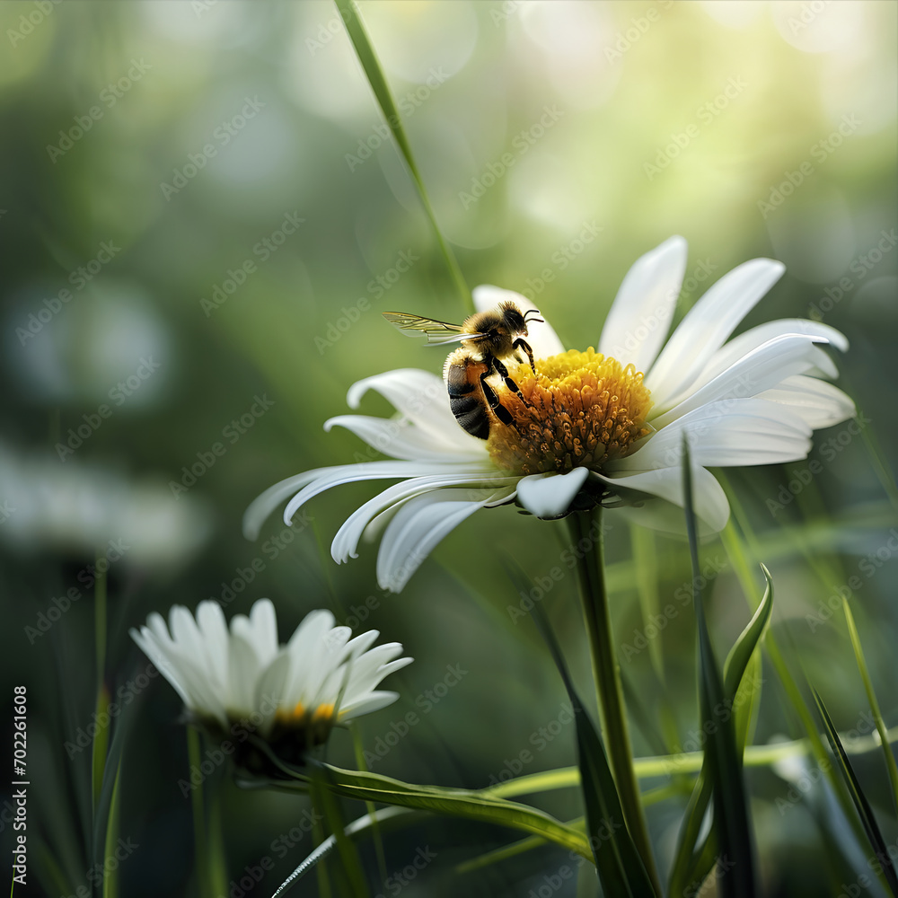 Spring single daisy flower and bee