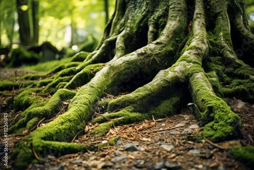 Roots of an old tree penetrating the earth in a forest, background wallpaper