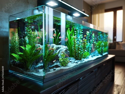 Workspace image highlighting an aquarium with lively fish for an engaging office atmosphere.