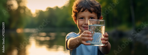 Cute little boy with a glass of water on nature. © Anna