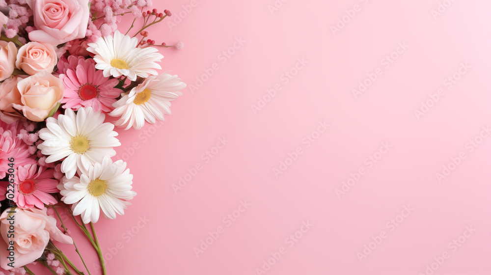 Fototapeta premium Beautiful flowers bouquet on pastel pink background. for Valentine's Day, Easter, Birthday, Happy Women's Day, Mother's Day. wedding background, Flat lay, top view, with blank copy space