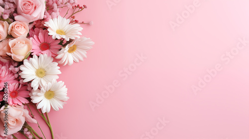 Beautiful flowers bouquet on pastel pink background. for Valentine's Day, Easter, Birthday, Happy Women's Day, Mother's Day. wedding background, Flat lay, top view, with blank copy space