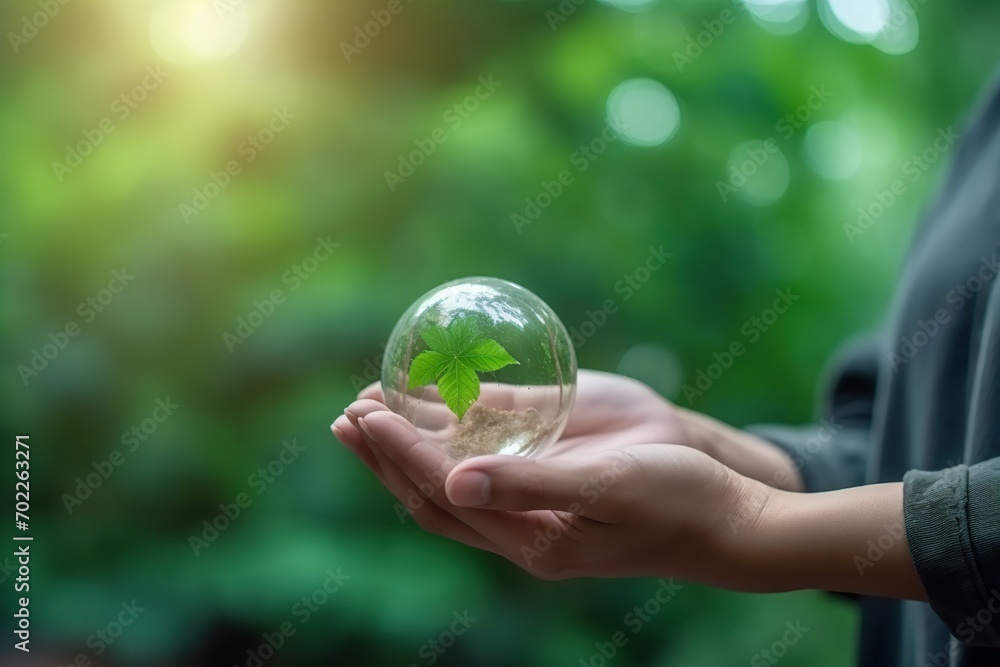 Environment Earth Day. Crystal glass globe and growing tree in human hand, Saving environment, and environmentally sustainable. Save Earth. Concept of the Environment World Earth Day. ai generative	