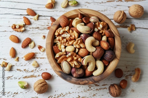Wooden bowl with mixed nuts on white table. Healthy food and snack.
