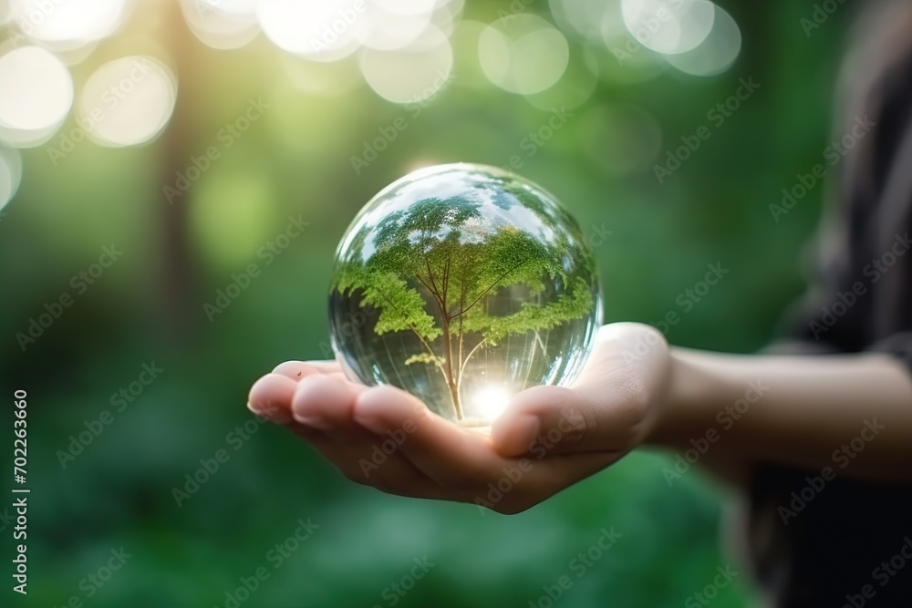 Environment Earth Day. Crystal glass globe and growing tree in human hand, Saving environment, and environmentally sustainable. Save Earth. Concept of the Environment World Earth Day. ai generative Environment Earth Day. Crystal glass globe and growing tree in human hand, Saving environment, and environmentally sustainable. Save Earth. Concept of the Environment World Earth Day. ai generative