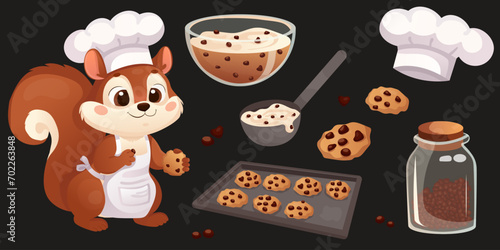 A set of cute stickers with a pastry squirrel. Set of stickers Cooking cookies with chocolate chips