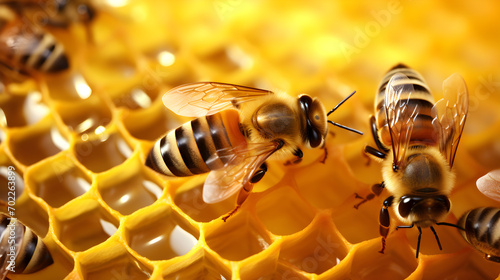 close up view of the working bees on honey cells 